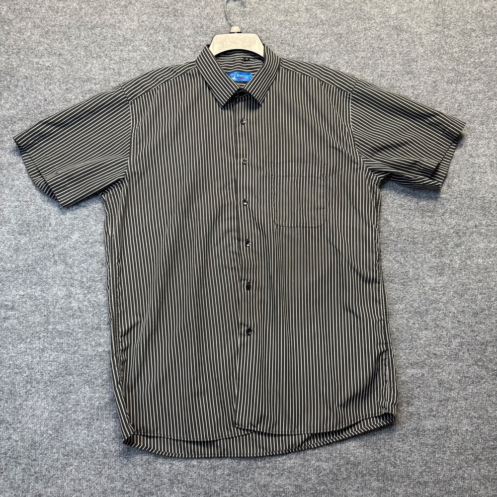 Frenzy Exlusive Shirt Mens XL Black White Stripe Button Up Short Sleeve Collared